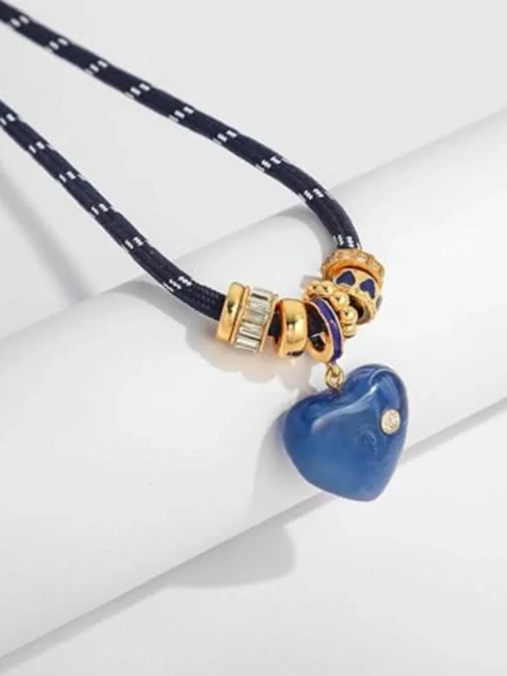 Black Woven Cord Choker Navy Blue Heart Pendant Boho Necklace for Women